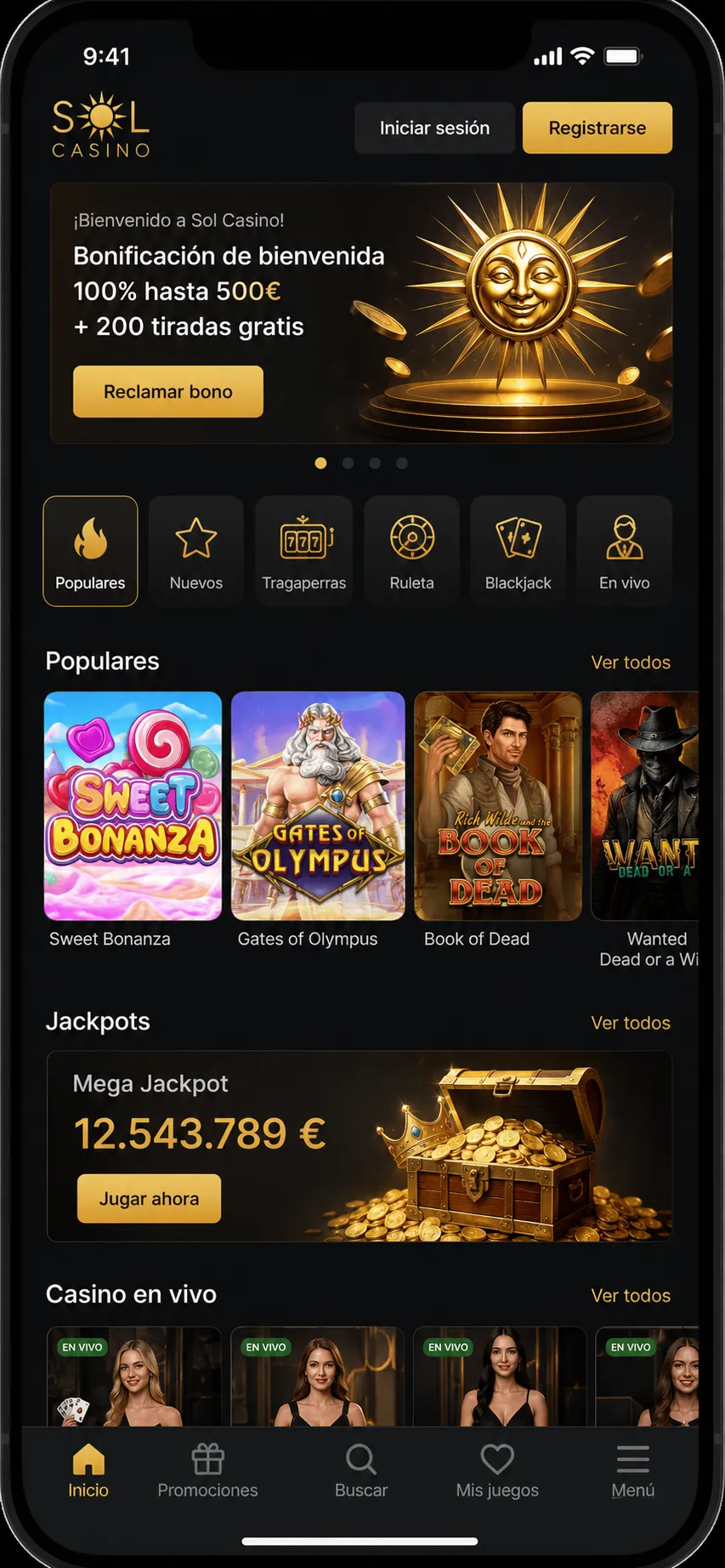 Captura de la app de Sol Casino Chile